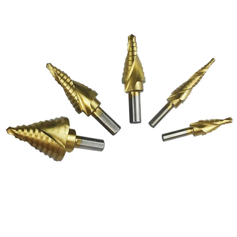 

5 Pcs Pagoda Shape Drill Spiral Groove Step Drill Bit Set High Speed Steel Titanium Plated Triangle Round Shank