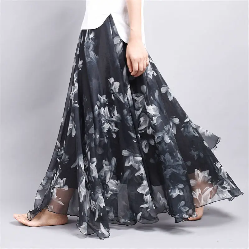 

Spring Summer Long Skirts Womens Faldas Chiffon Print Vintage Beach Maxi Skirt Elegant Casual Streetwear Pleated Skirt Hot Q1183