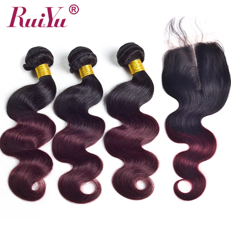 

Brazilian Body Wave Ombre Hair Bundles With Closure Non Remy Hair 1b 99j Pre-colored Human Hair Bundles With Lace Closure RUIYU