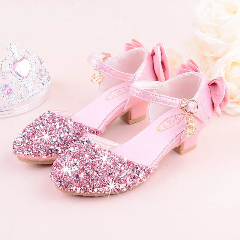 Girls Bling Glitter Bowtie Sandals with high-heeled, Kids Princess Dance Performance Summer shoes, silver & Pink, 26-38