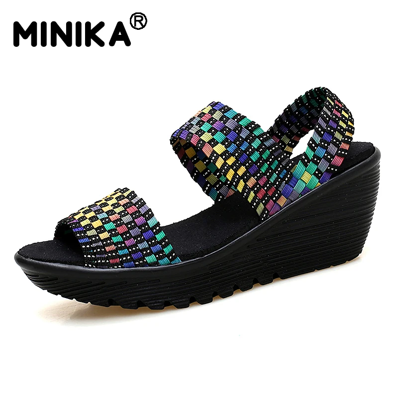 

Minika Summer Women Sandals Shoes Women Woven Flat Wedge Platform Sandals Flip Flops Ankle Strap High Heel Gladiator Sandals