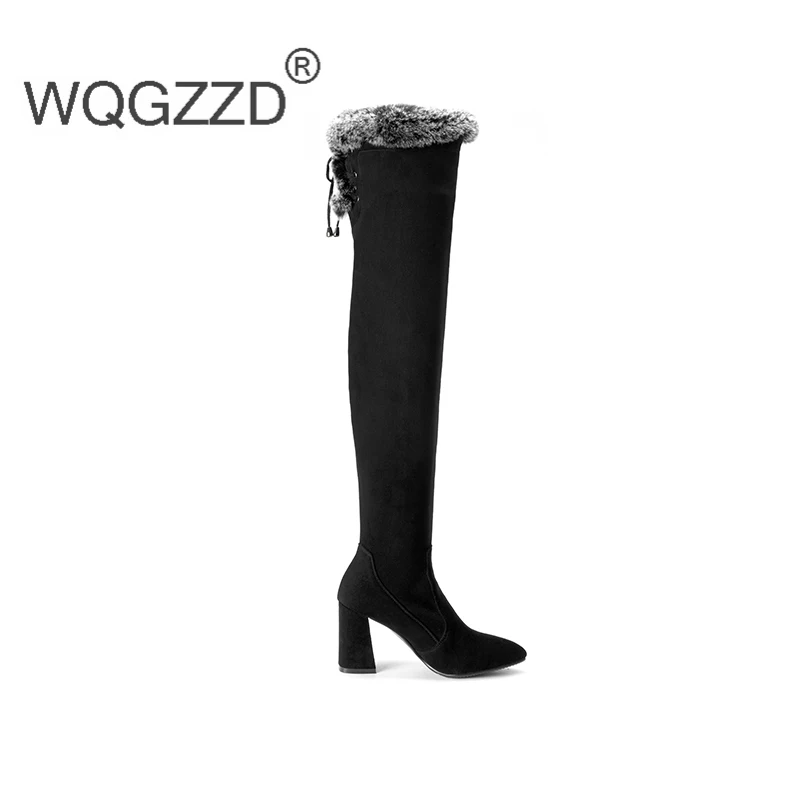 Bottes la Cuisse Flanelle Chaussures Femmes Sur genou Haute Lapin 2019 Beauté Cheveux Hiver Velours Talons Black Nouveaux Mujer x6wpnqCHU