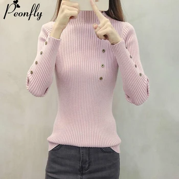 

PEONFLY 2019 Autumn Winter Turtleneck Pullover Sweater Women Button Slim Long Sleeve Knitted Pink Jumper Sweater Female Ladies