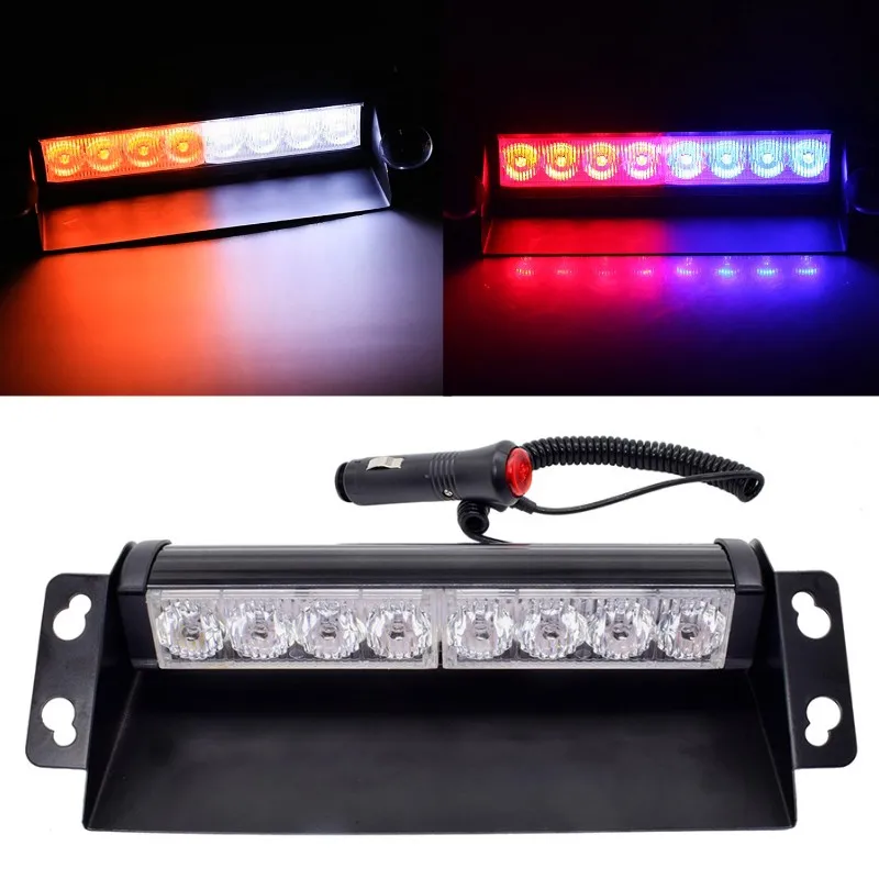 

8W Red Blue Amber White Led Car flash light 3 flashing modes Windshield warning light 12v Police Auto Emergency Strobe fog lamp