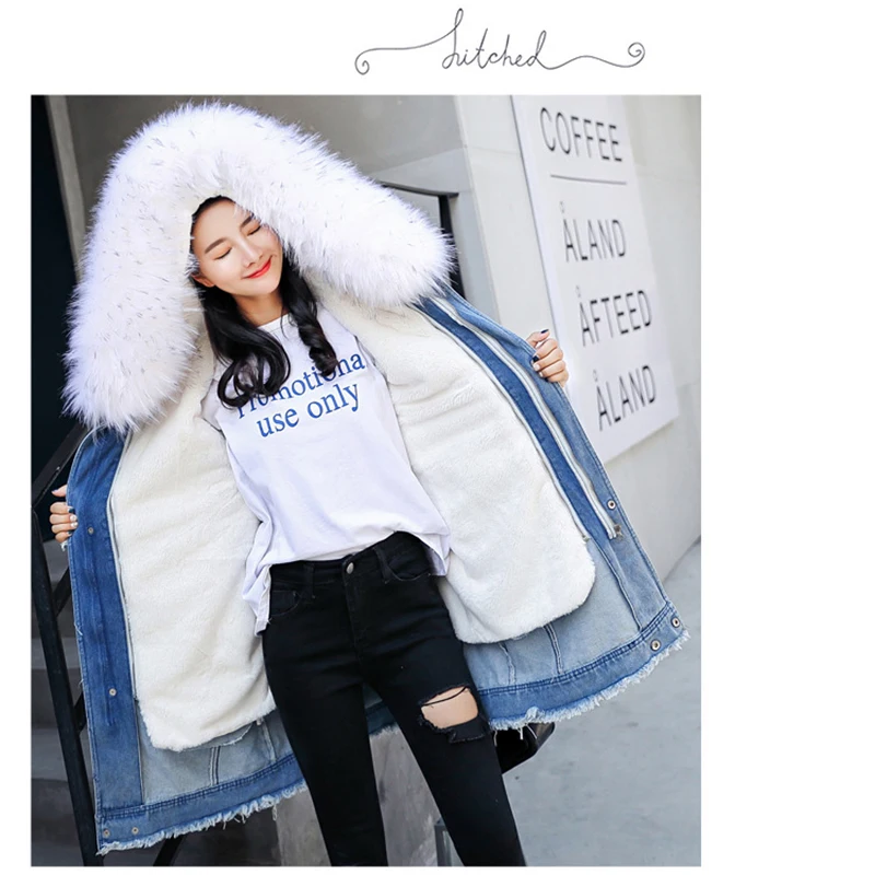 

Winter fur parka Denim jacket woman hooded winter coat long jacket women High quality faux fur lined with warm woman jacket Coat