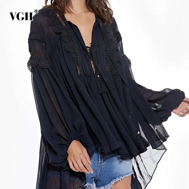 VGH Lace Patchwork Shirt Female V Neck Lantern Sleeve Hollow Out Perspective Hem Irregular Womens Tops And Blouses Fashion New |