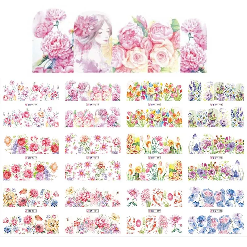 

12 Designs Watercolor Blooming Flower Nail Art Sticker Summer Daffodil Iris Spring Florals Slider Full Wrap Decals BN1309-1320