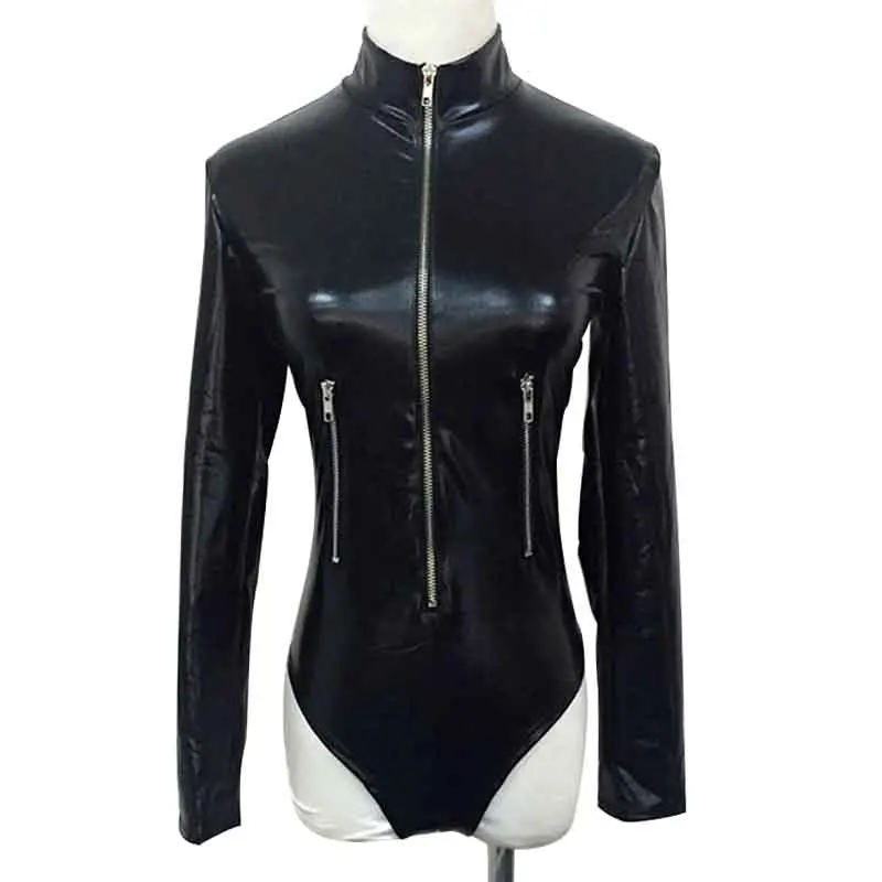 Sexy Wetlook Lingerie Bodysuit Fetish Women Latex Catsuits Faux Leather Front Zipper Erotic Costume Sex Body Suit Plus Size XXXL