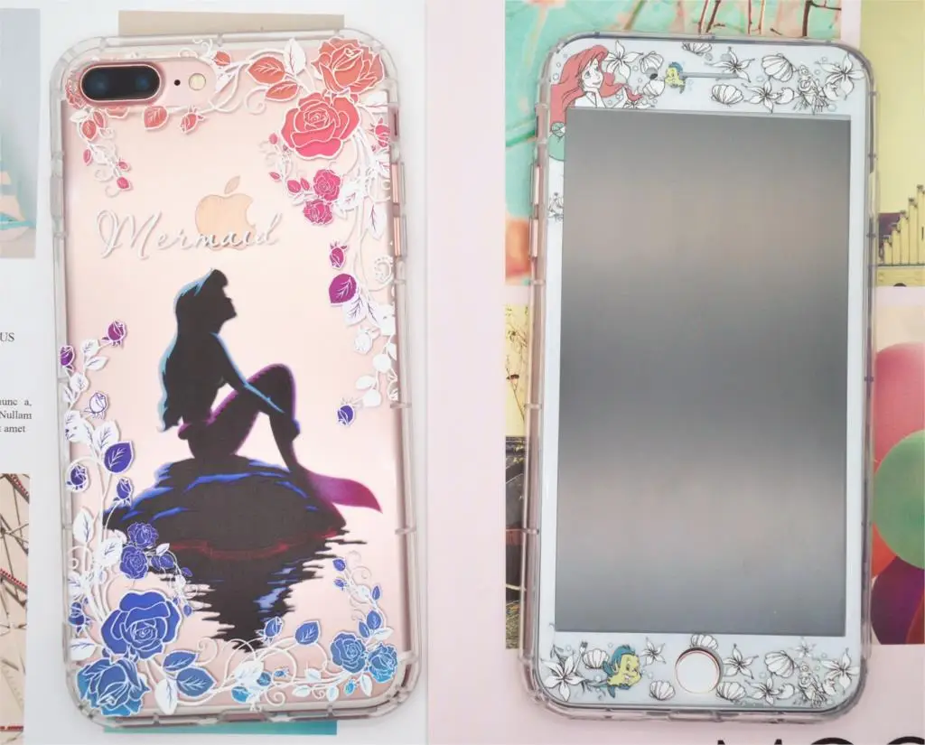 

RLENDA 3D Edge 9H Screen Protector Tempered Glass Film+Relief Princess Alice Phone Case for iphone 6 6s 7 8 Plus Silicone TPU