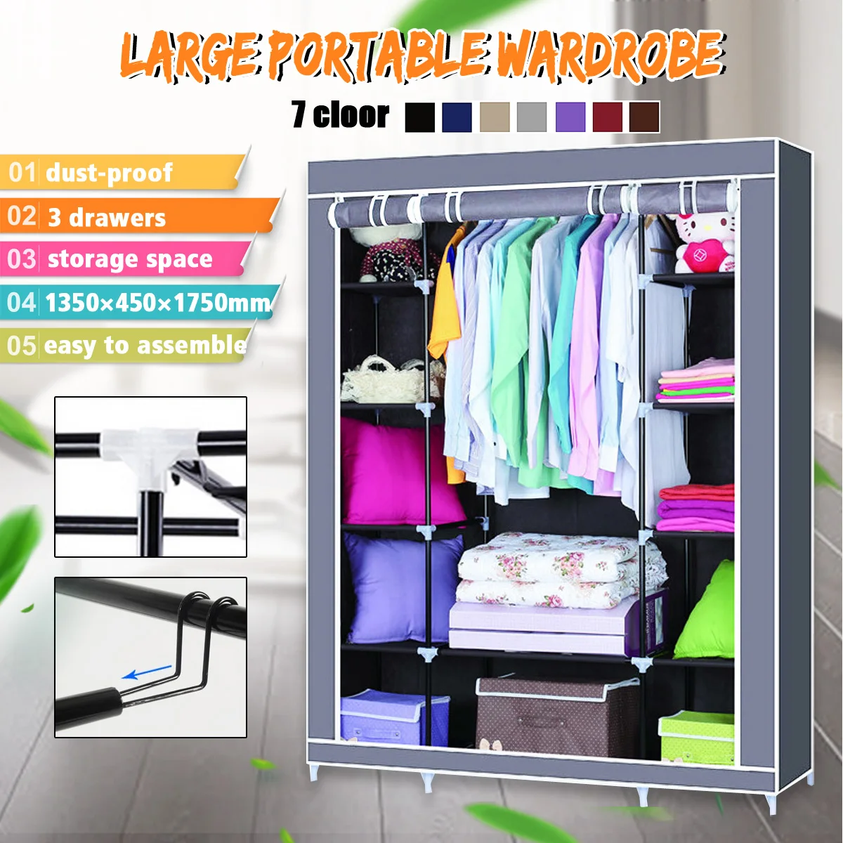 

53'' Portable Closet Wardrobe Clothes Rack Storage Organizer w/Shoe Rack Shelves Clothing & Wardrobe Storage