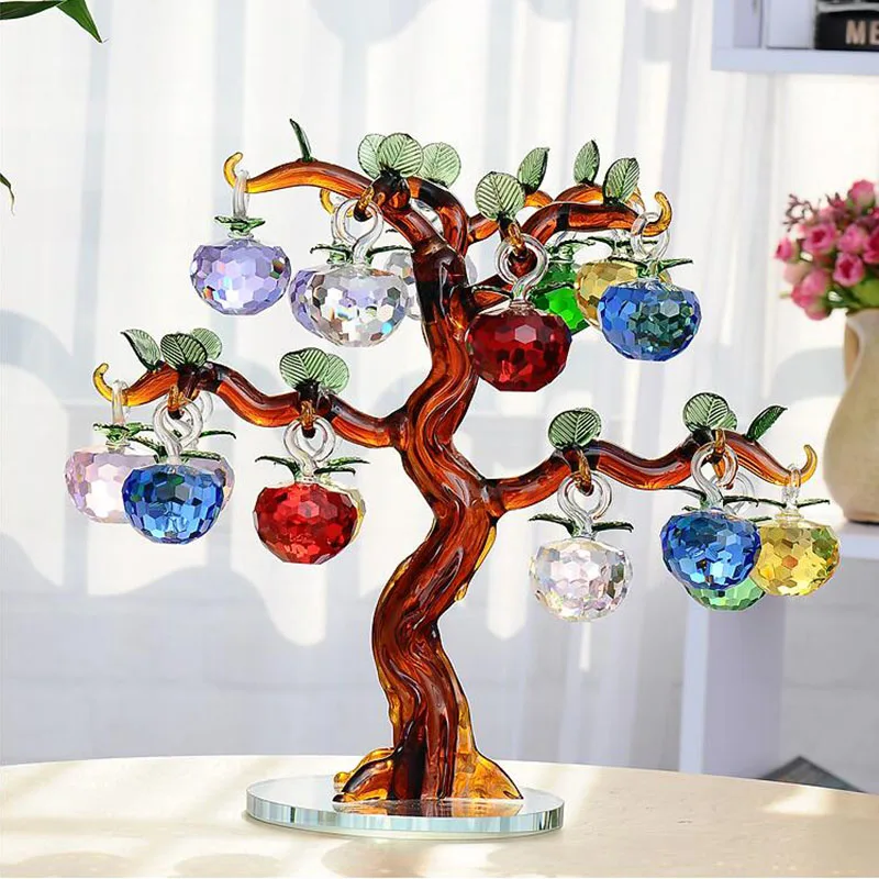 New Product  Crystal Glass Apple Tree Ornaments 18pcs Hanging Apples Home Decor Figurines Christmas New Year Cra 