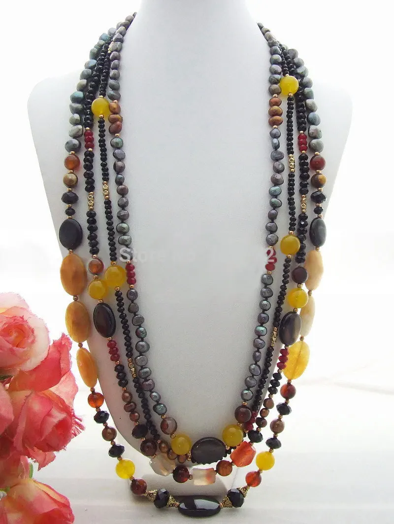 29" Pearl&onyx&Crystal Necklace