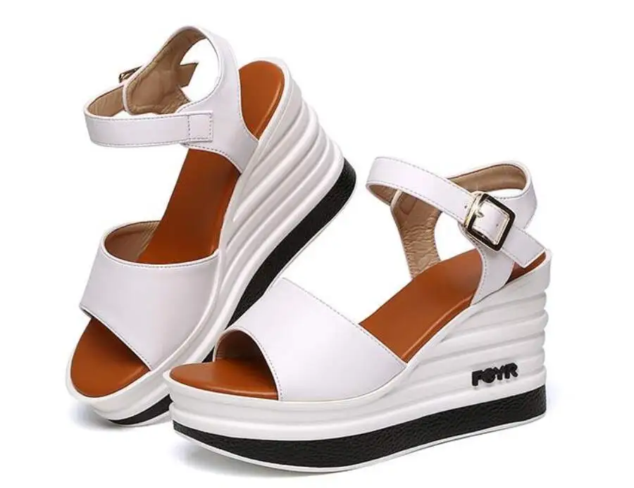 Г., новая летняя обувь женские босоножки кожаные женские босоножки на танкетке на высоком каблуке женские туфли на толстой подошве с открытым носком, W205