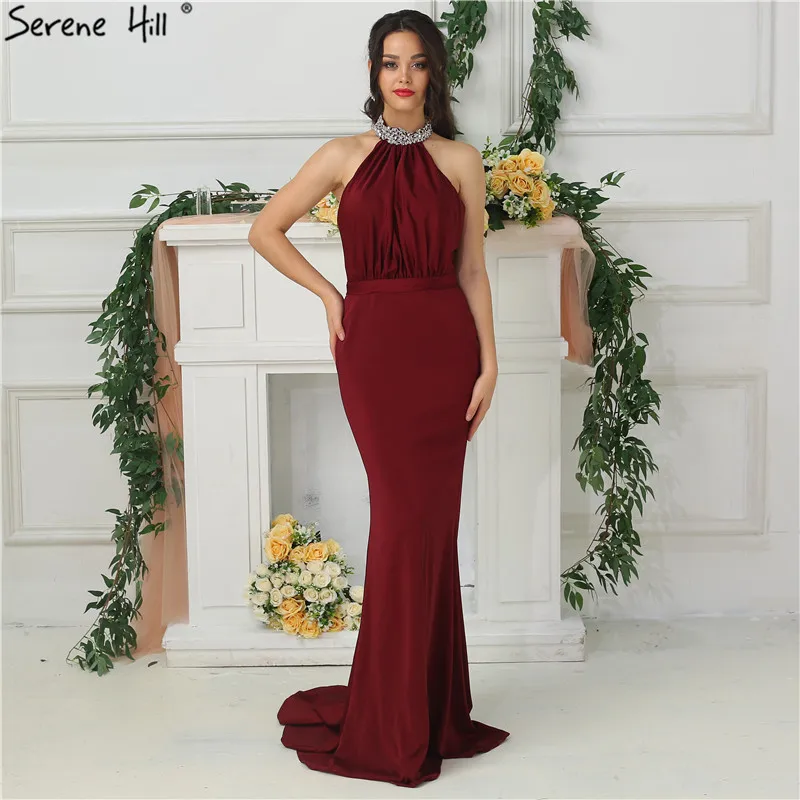 

Sexy Halter Burgundy Crystal Mermaid Evening Dresses 2019 Ruffles Formal Dress Party Gown Dubai Robe De Soiree BLA6612