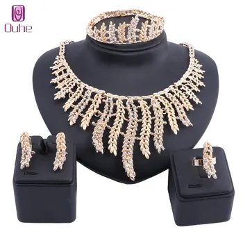 

Wholesale Fashion African Beads Jewelry Set Nigeria Dubai Gold Crystal Necklace Earring Ring Bangle India Bridal Jewelry Sets