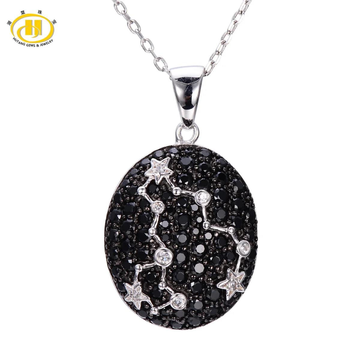 

Hutang Pisces Necklace for Women Black Spinel White Topaz Necklaces & Pendants Oval 925 Sterling Silver Constellation Chokers