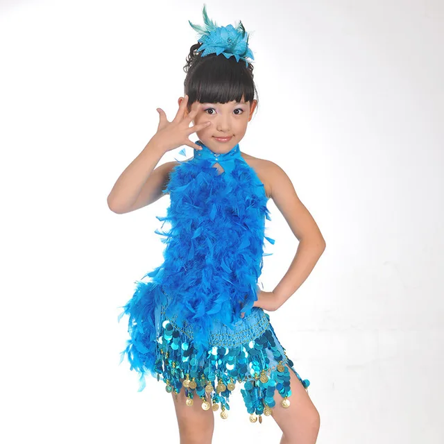 Feather Sequins Latin Dance Dresses for Girls Kids Salsa Ballroom