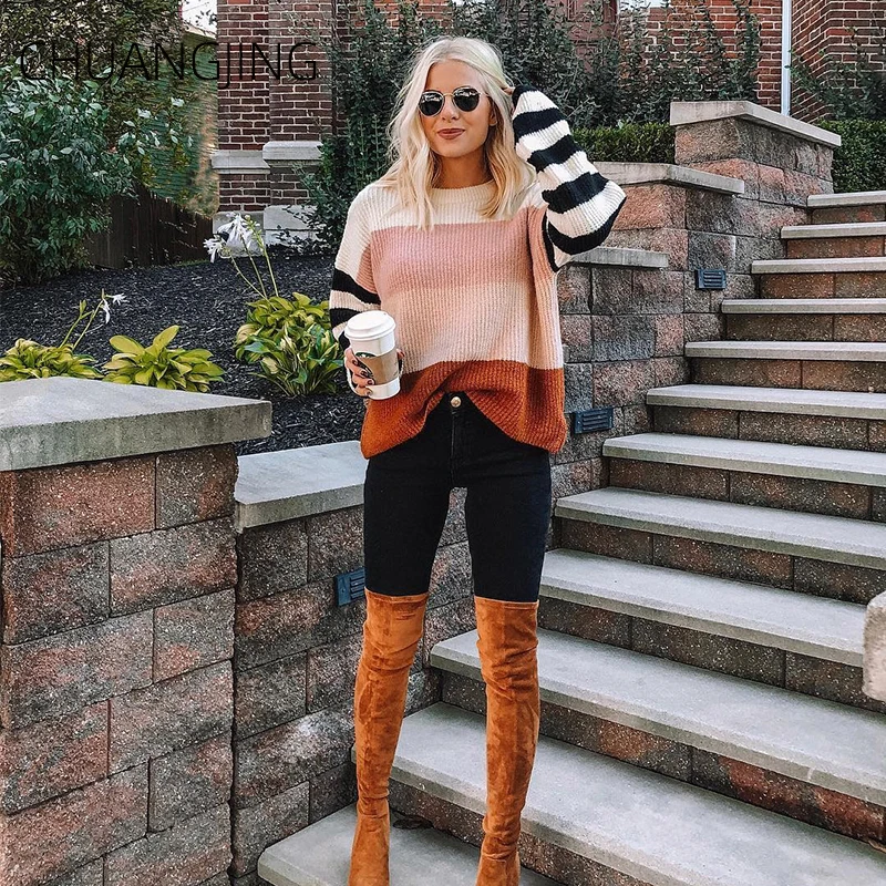 Fashion Autumn Winter Knitted Sweater Women New O-neck Striped Long Sleeve Plus Size Pullover Sweater Ladies Casual Sweater