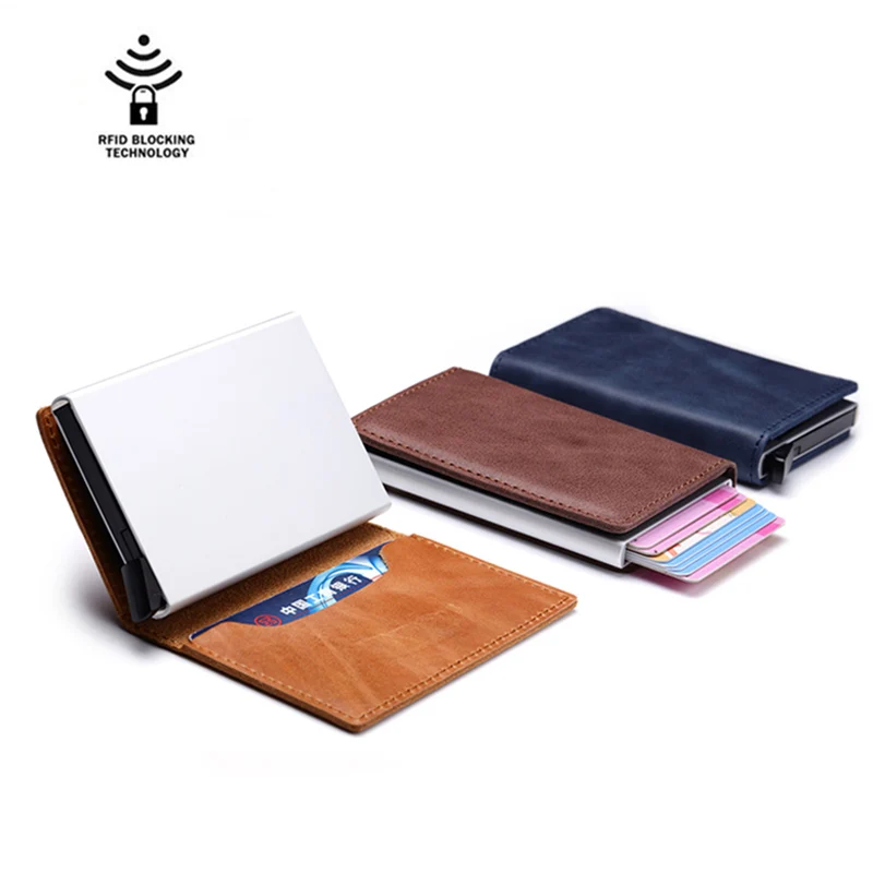 

Maideduod Superior quality Genuine Leather Antitheft Men Women Credit Card Holder Blocking Rfid Card Wallet Aluminum Metal Purse