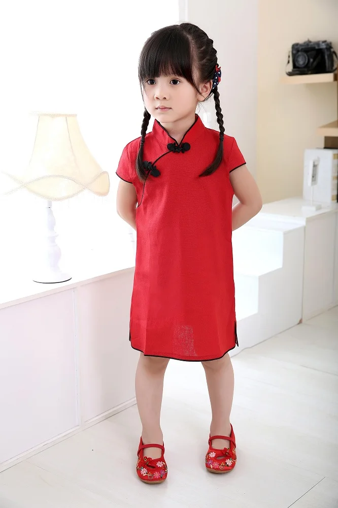 

2018 Spring Summer Children Chi-Pao Chinese Traditional New Year Gift Girl's Cheongsam Clothes Solid Girl Dress