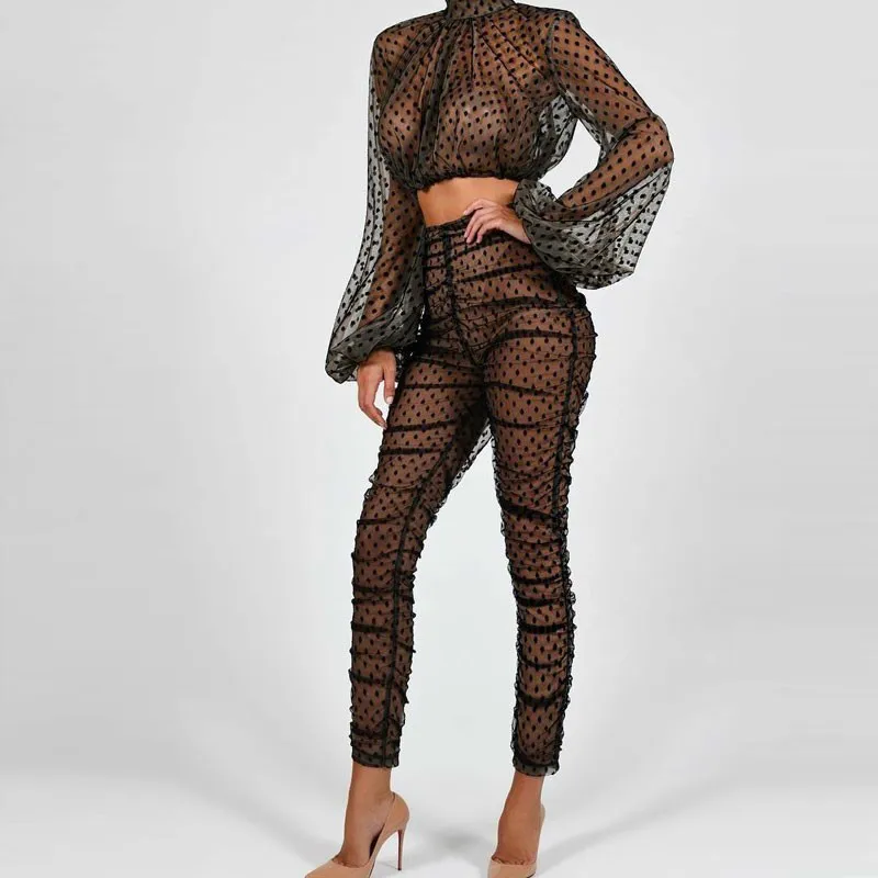 

PFFLOOK Nigh Club Sexy 2 Piece Set For Women See Through Mesh Dot Outfits 2019 Long Sleeve Crop Top And Long Pants Summer Sets