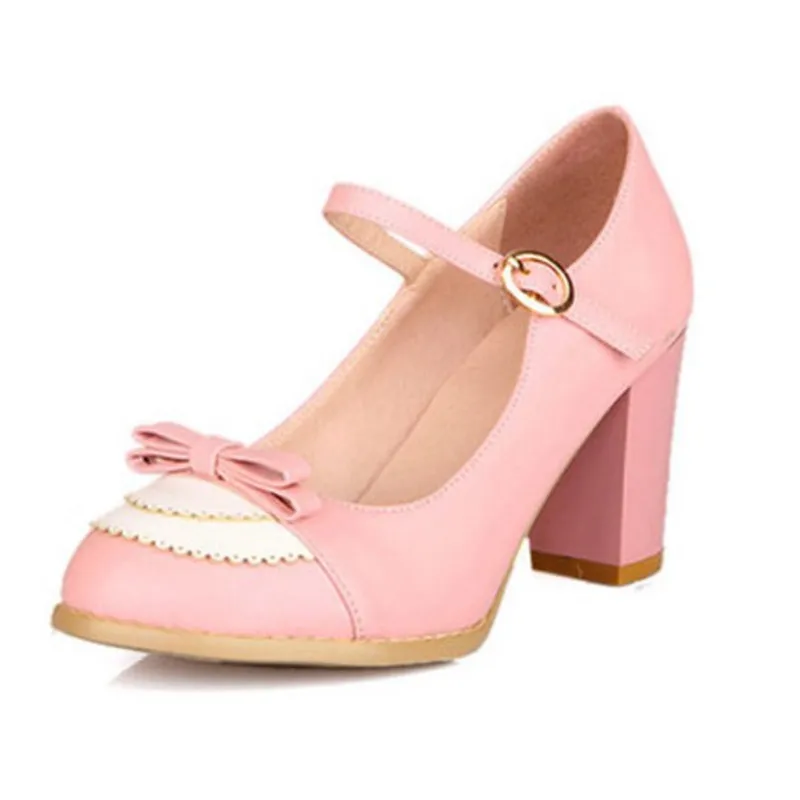 

2016 Hot woman Fashion Sweet bowtie thick high heels round toe ankle straps wedding shoes platform pumps for women big size 45