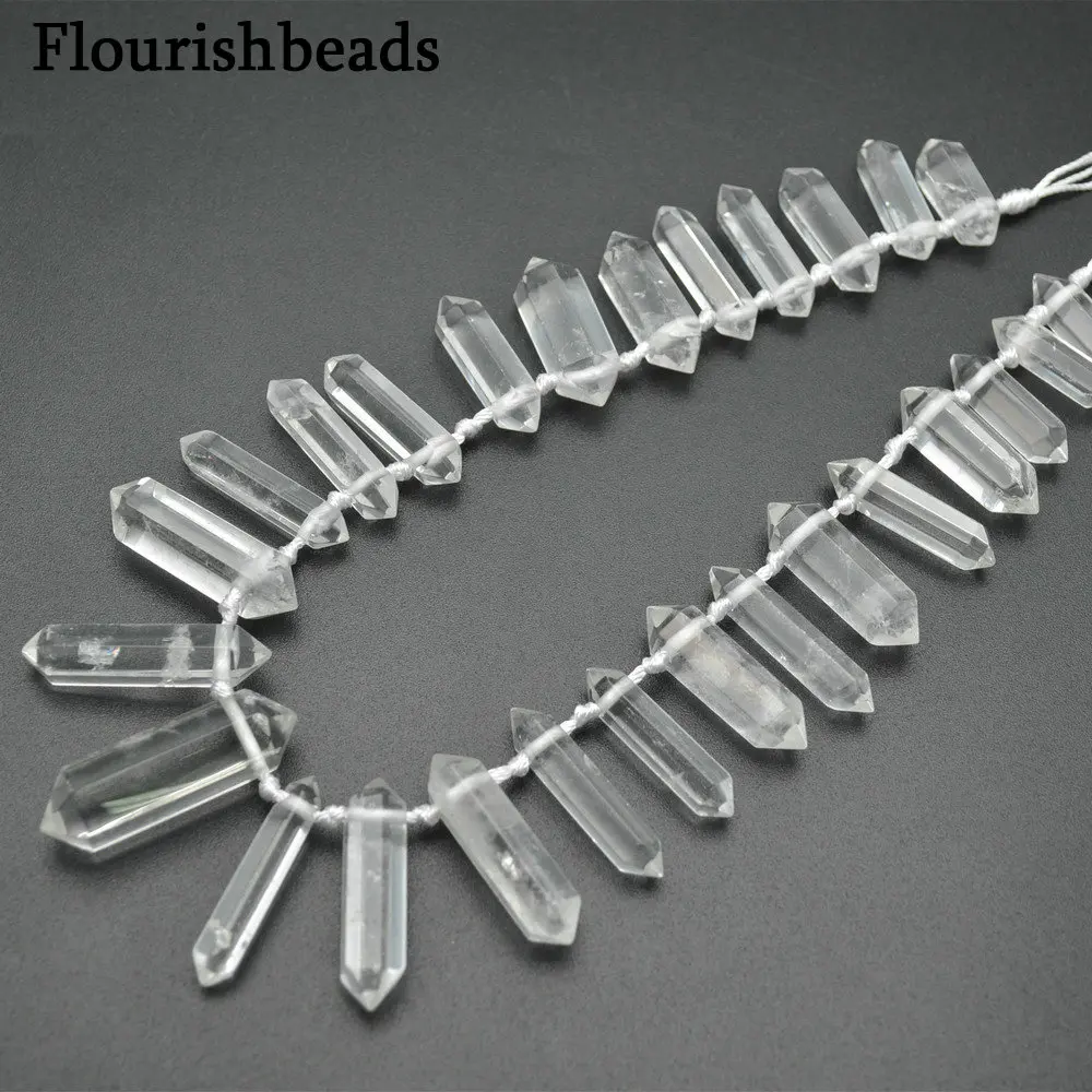 

Graduated Hole on Side Natural Clear Crystal Quartz Double Point Stone Pillar Loose Beads