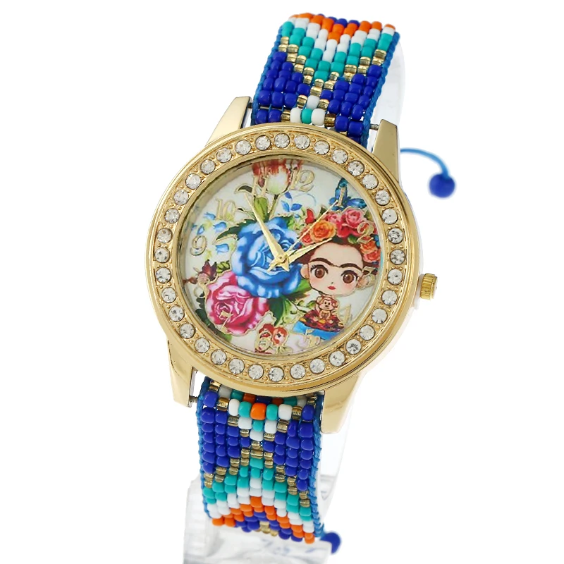 Gnova Платиновые женские часы Chaquira Этническая девушка синие розы горный хрусталь Женева Стиль Модные кварцевые наручные часы Reloj femme B204