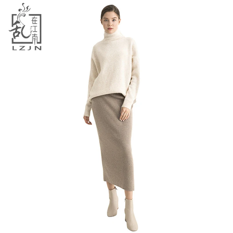 

LZJN Women Winter Sweater 2018 New Alpaca Wool Blend Warm Turtleneck Loose Knit Bottom Sweater Coat Long Sleeve Fall Female Tops