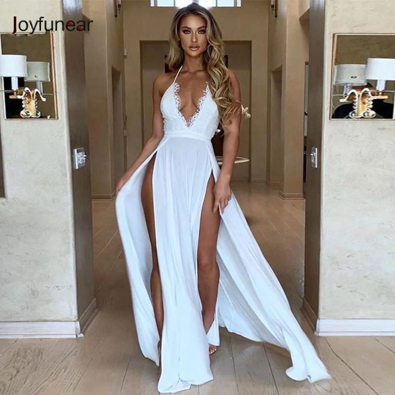 

Joyfunear Women Floral Lace Dress Spaghetti Strap V Neck Long Maxi Dresses 2019 Summer High Split Party Club Sexy Dress Vestidos