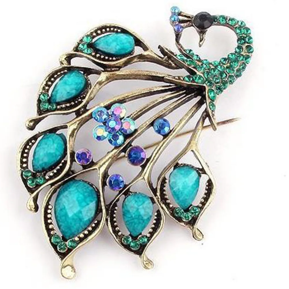 1 Pc Antique Gold Blue Stone Peacock Brooch Pin Resin Brooches Jewelry