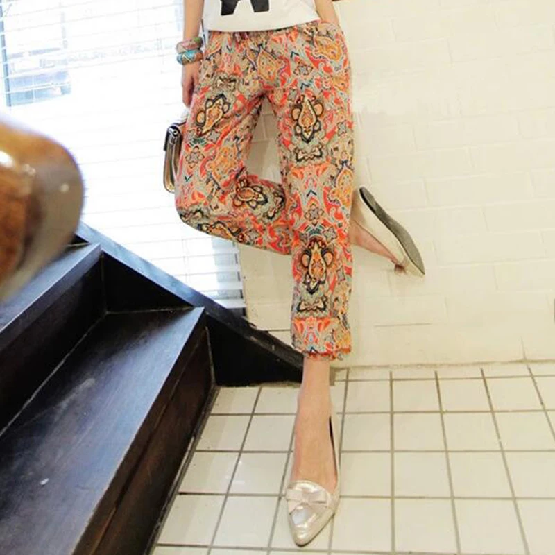 Trendy Boho Style Women Casual Pants Flower Printed Harem