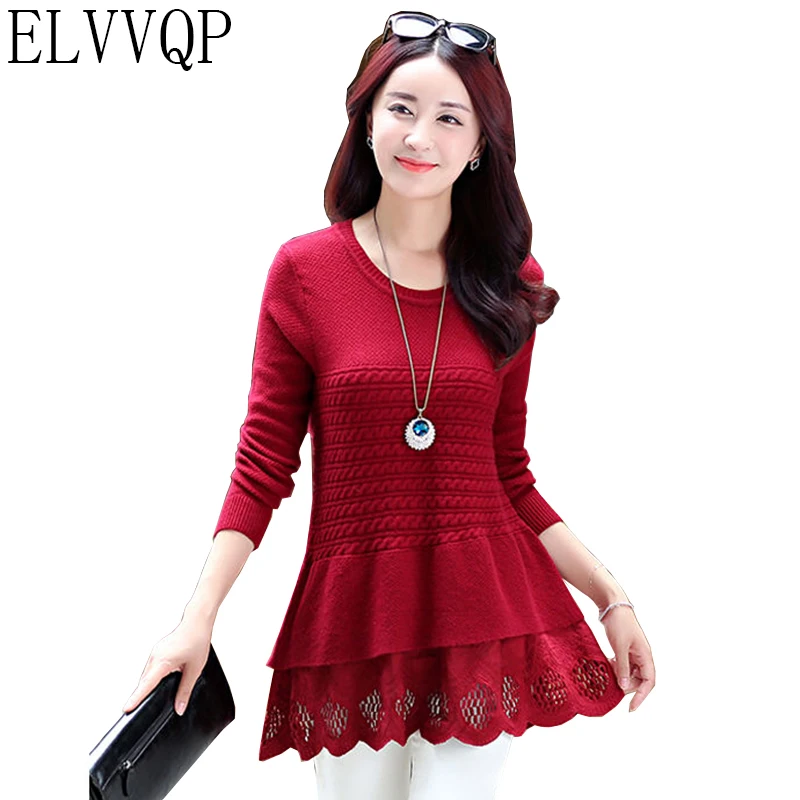 

2018 New Autumn Winter O-neck Pullover Sweater Female Fashion Long sleeve Pure color Ruffles Splice knit Sweater Dress Women