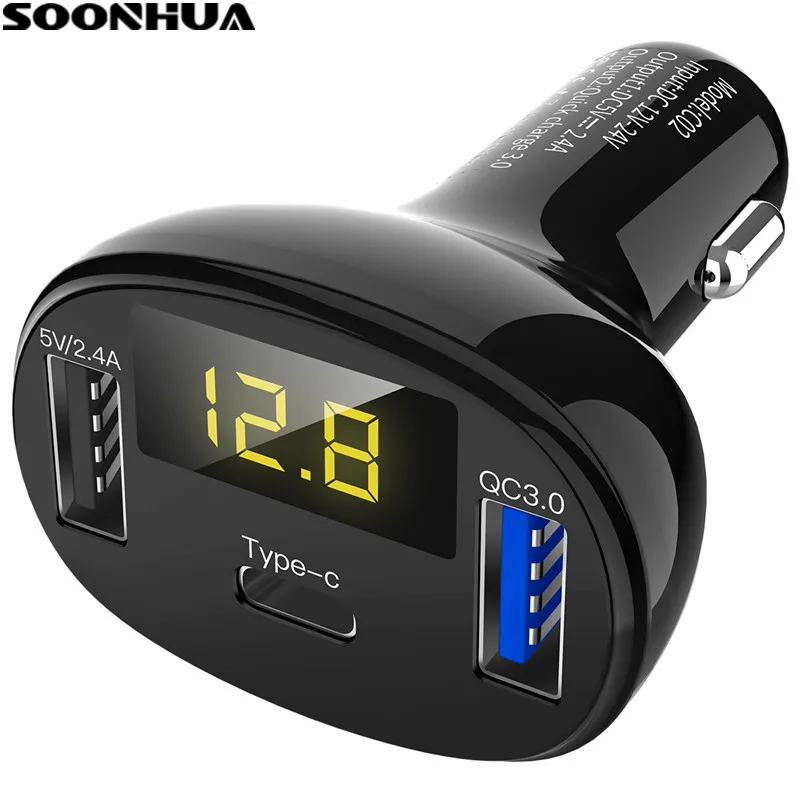 SOONHUA USB و نوع-c 3 منافذ شاحن سيارة QC 3.0 سريع محول الشحن الرقمية LED الجهد عرض السيارة الهاتف المحمول شاحن