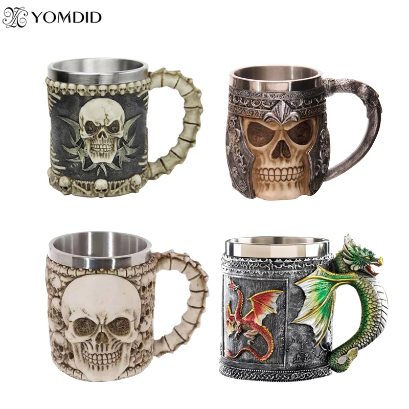 5 дизайн, креативные кружки из нержавеющей стали с двойными стенками, 3D череп, кружка для кофе, Череп, рыцарь, кружка с драконом, чашка для питья, Canecas Copo