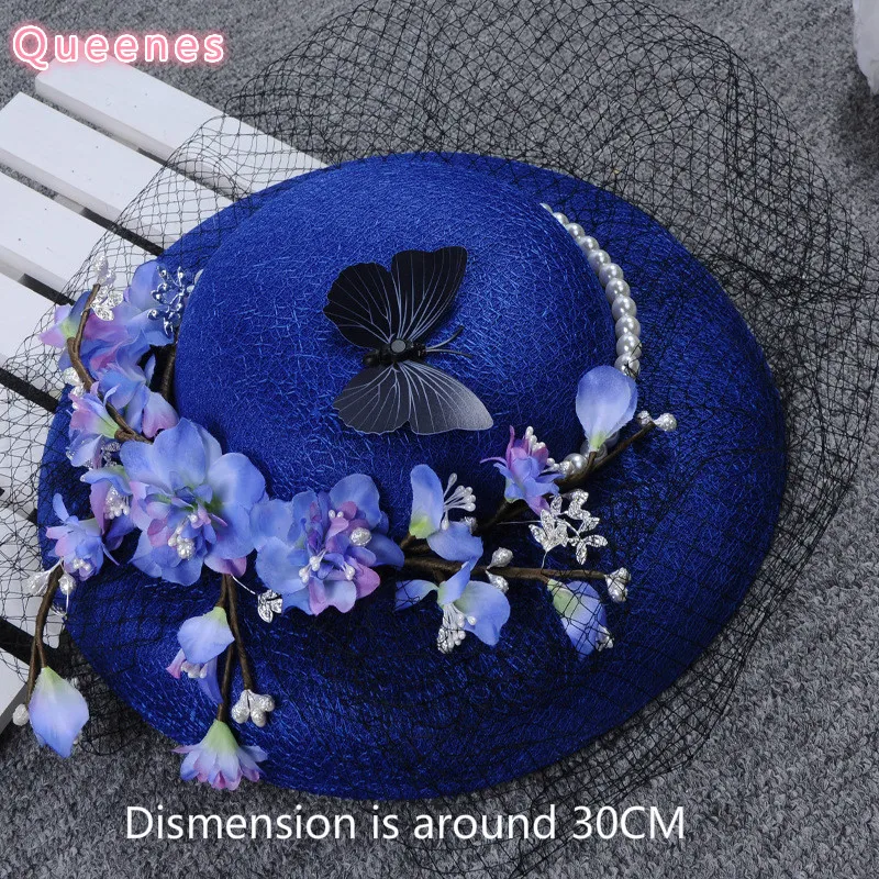 

Royal Blue Birdcage Wedding Hat Floral Butterfly Pearl Veil Fascinator For Women Plush Velvet Ladies Party Bride Headdress New