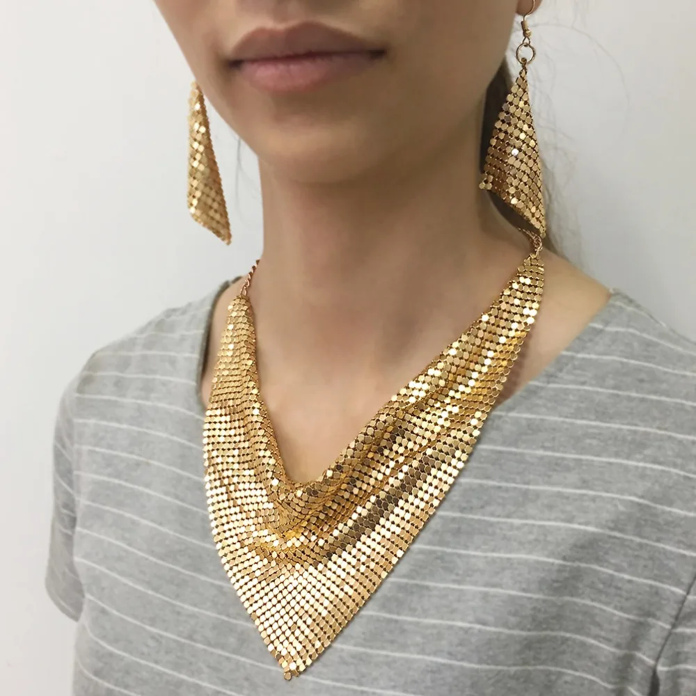 MANILAI Indian Jewelry Set Chic Style Shining Metal Slice Bib Choker Necklaces Earrings Party Wedding Fashion Jewelry Sets 2018