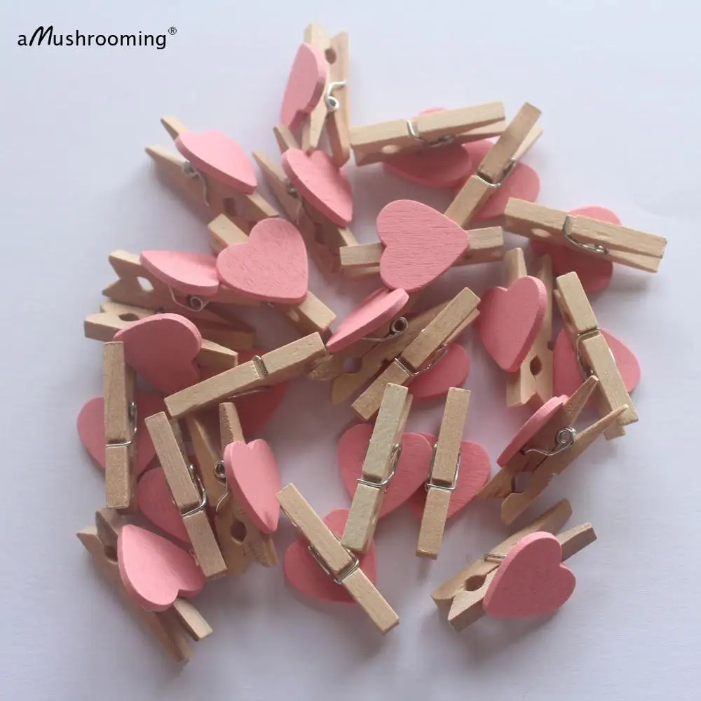 500x Handmade Baby Pink Heart Mini Clothespins Clip Wooden Clothes Peg