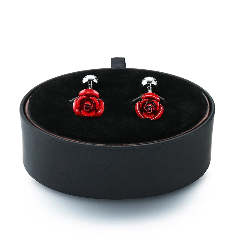 

DY New Mens French Cufflinks black leather box set men and women fashion Valentines red rose Cufflinks Gift Set FREE SHIPPING