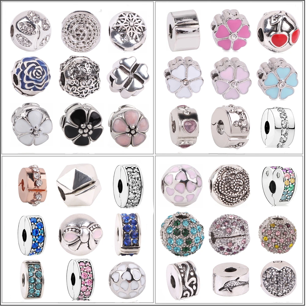 

Fit Pandora Charm Bracele New Wuropean Silver Shinning Elegance Spacer Flower Leaves Zircon Clip Safety DIY Bead