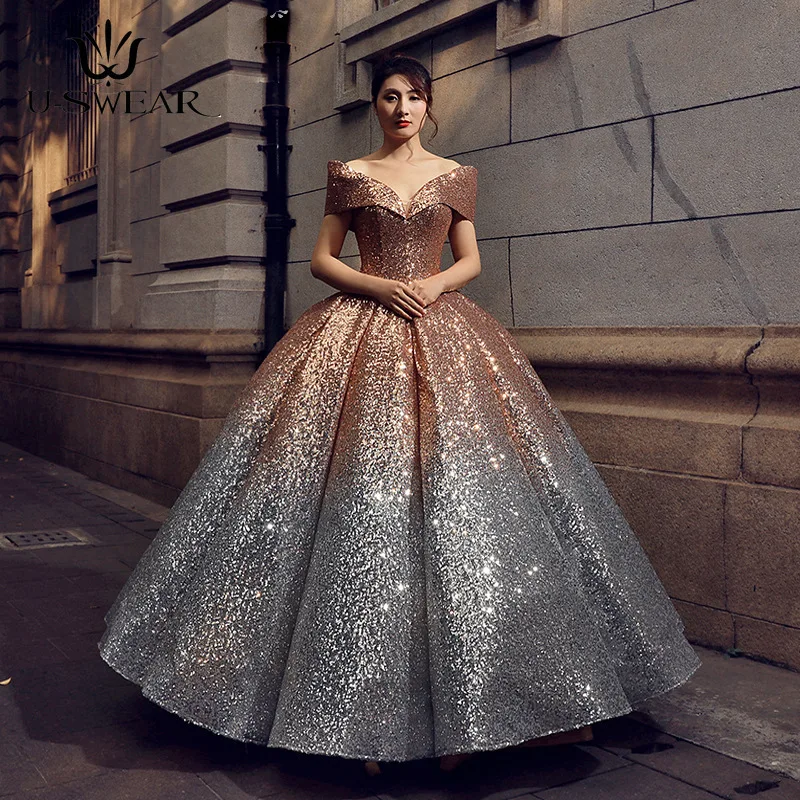 

U-SWEAR Luxury Fashion Royal Long Evening Dress Boat Neck Off the Shoulder Party Prom Formal Sequin Ball Gowns Robe De Soiree