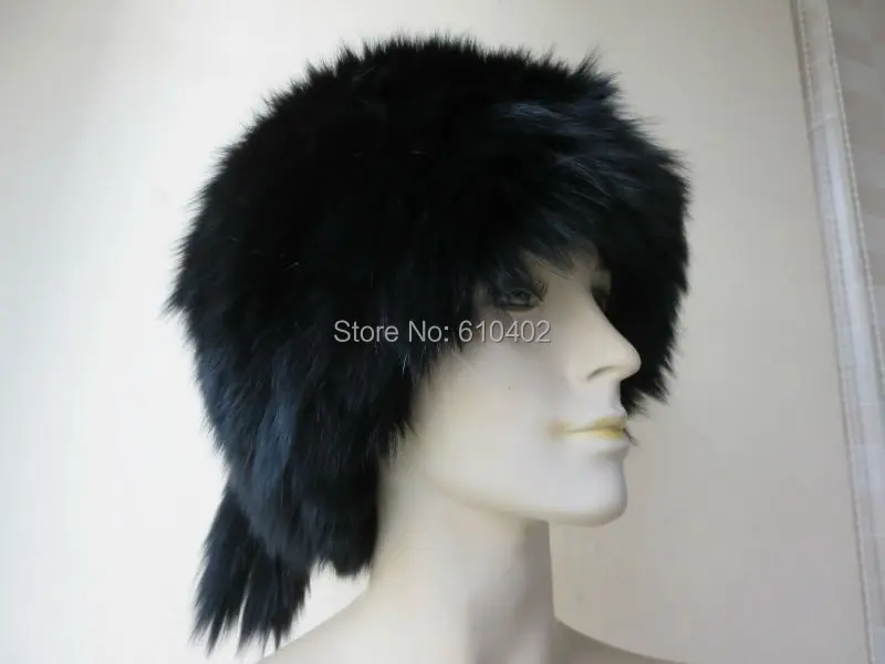 free shipping Lady s Genuine Real Fox Fur hand made knitted Hat black