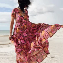 Boho Dress with A Daisy Floral Print V-neck Short Flare Sleeves Summer Dress Button Front Dress Women Chic Long Dresses 2019 New Boho Dress with A Daisy Floral Print V-neck Short Flare Sleeves Summer Dress Button Front Dress Women Chic Long Dresses 2019 New