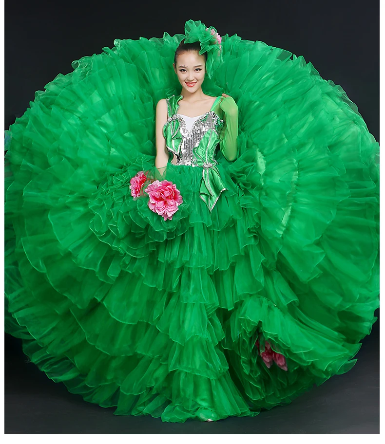 Дизайн Костюмы для фламенко танцевальный костюм для Для женщин зеленый открытие танцевальные костюмы платье этап современный танцевальный спектакль