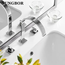 Basin Bathroom Sink Mixer Tap Brass Polished Chrome Tap Water Faucet Waterfall Basin Mixer Faucet 3 Hole Double Handle Water Tap high quality round 3 hole wall sink basin mixer tap wels bathroom spout faucet with double lever