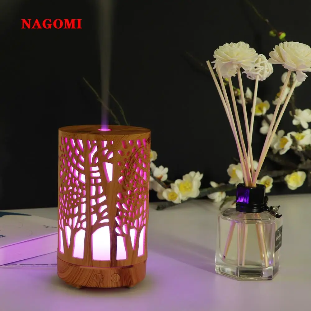 

100ML Ultrasonic Air Humidifier Wood Grain Cylinder Aromatherapy Essential Oil Diffuser With 7 LED Color Change Light For Home