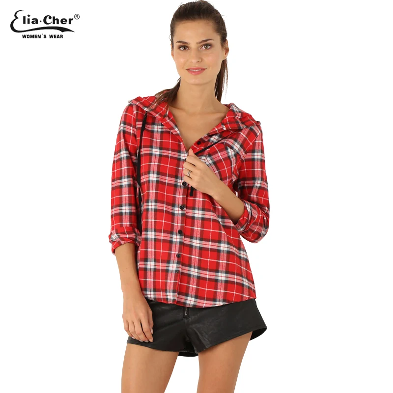 

Blouse Shirt Women Summer Hooded Plaid Blouse Tops Eliacher Brand Plus Size Women Clothing Lady Shirts Tops BLUSAS 6766