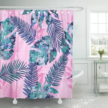 

Shower Curtain Watercolor Garden with Tropical Exotic Flowers and Plants with Green Leaves of Palm Decorative Bathroom