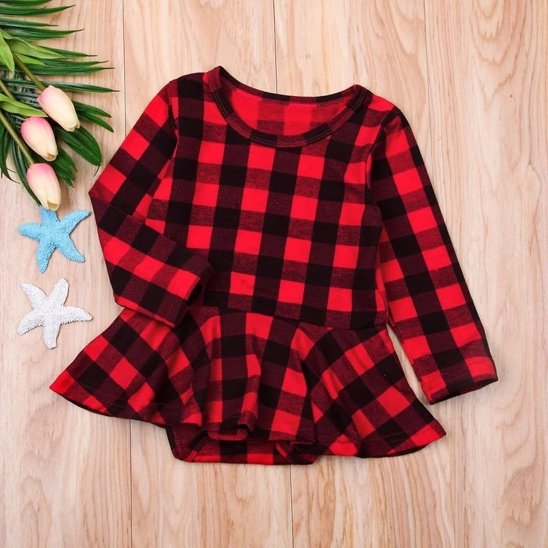

Newborn Kid Baby Girl Plaid Checked Long Sleeve Romper Dresses Outfit Clothes Plaid knee length Ruffles