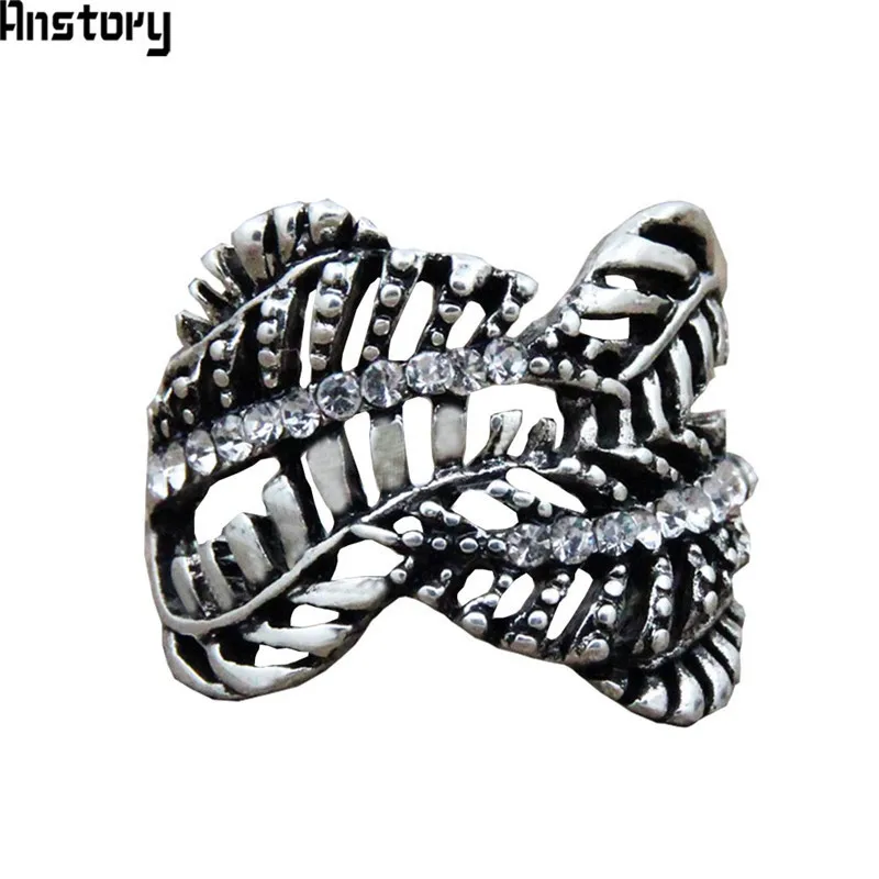 

Vintage Leaf Crystal Rings For Women Antique Silver Plated Fashion Jewelry